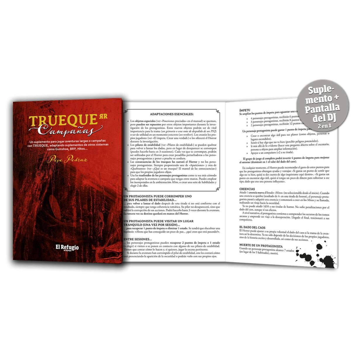 Libro de rol abierto con cubierta roja y páginas de texto.