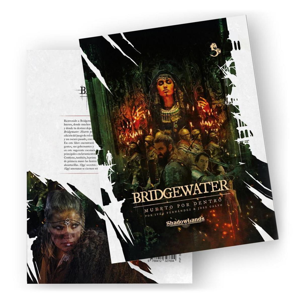Portada de rol con una mujer, hombres armados, velas y el título Bridgewater Muerto por Dentro de Shadowlands.