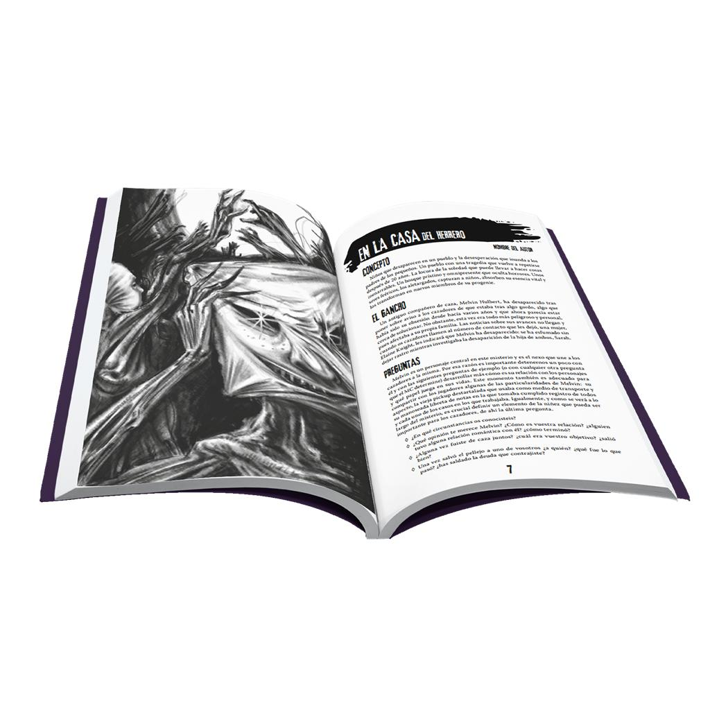 Un libro abierto en blanco y negro muestra una ilustración tétrica a la izquierda y texto en español a la derecha.