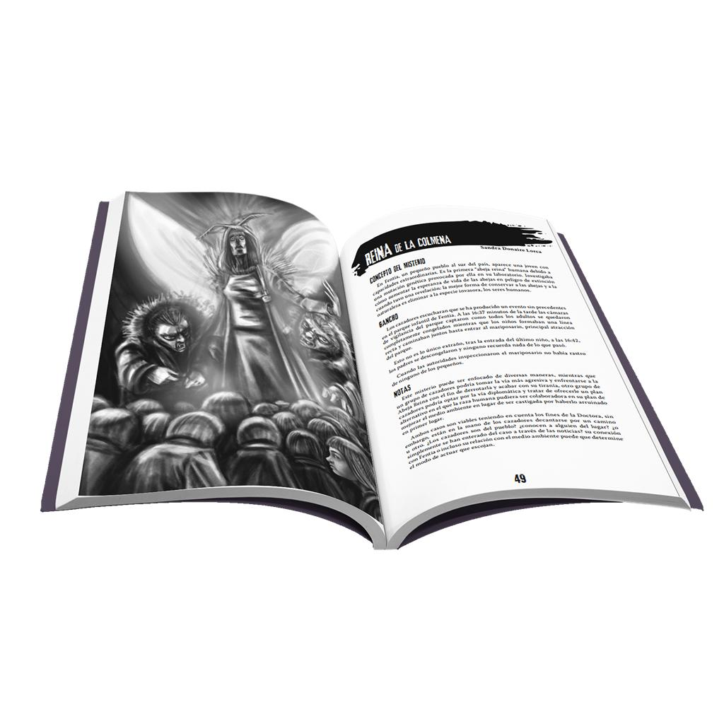 Un libro abierto muestra una ilustración oscura con una reina en la página izquierda y texto en la derecha.