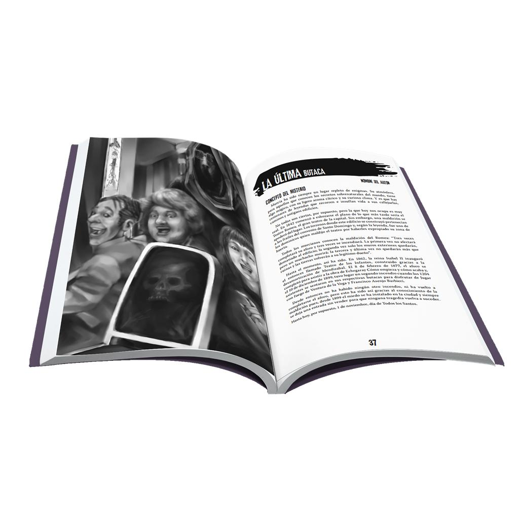 Un libro abierto muestra ilustraciones espeluznantes a la izquierda y texto en español a la derecha.
