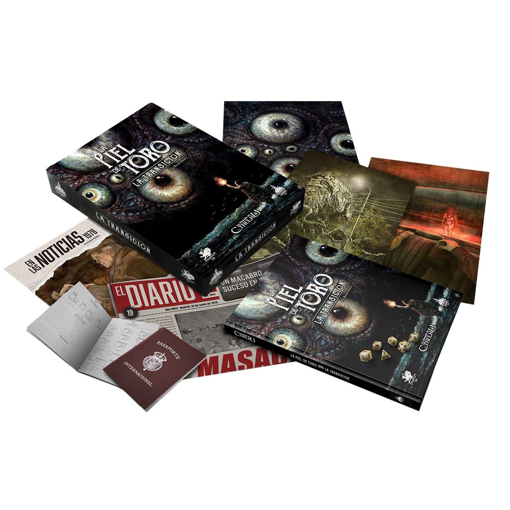 Set de juego de mesa con libros, dados y arte de terror.