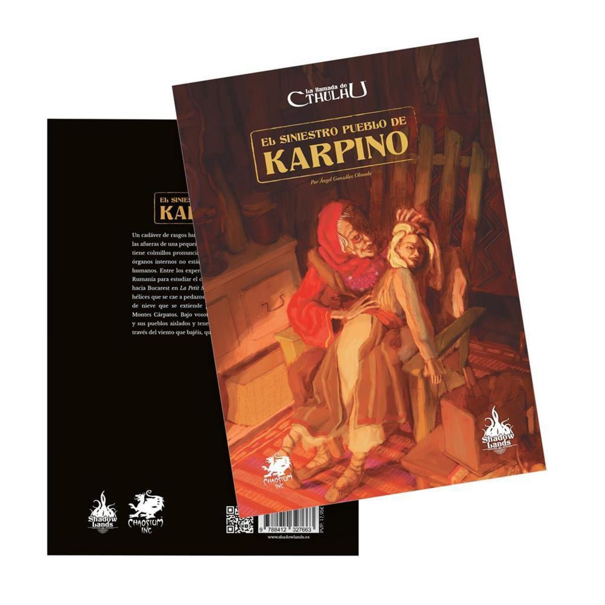 Portada de juego de rol El Siniestro Pueblo de Karpino con una mujer mayor con capucha roja y una figura sentada.