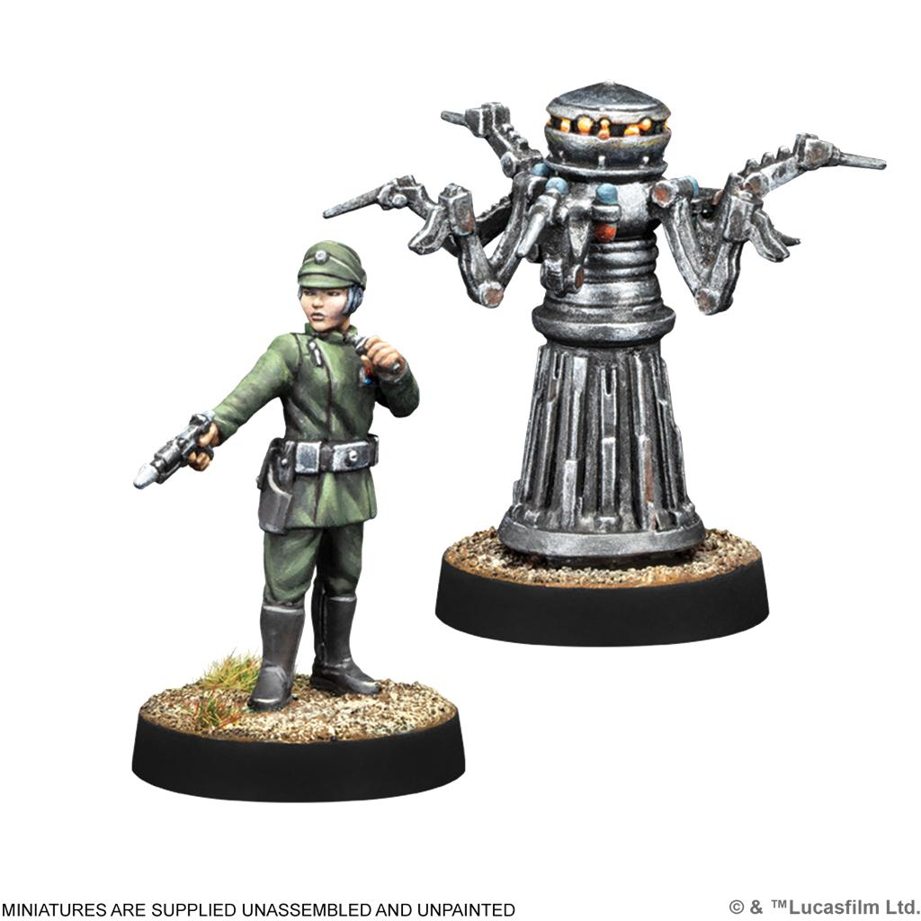 Una figura de oficial imperial con bláster y un droide multibras en peanas redondas.