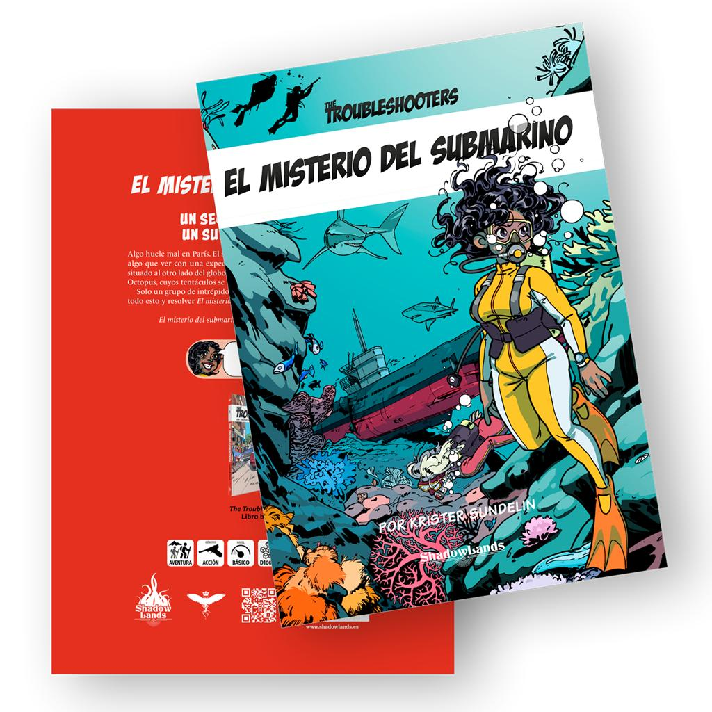 Portada de cómic con una buceadora con traje amarillo bajo el agua con tiburones, un barco hundido y arrecifes.