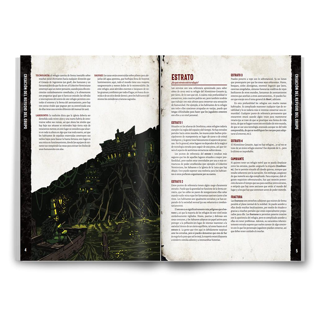 Libro abierto con texto en español y una oscura ilustración de un asentamiento en la página izquierda.