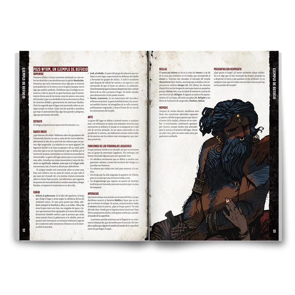 Libro abierto con dos páginas llenas de texto en español y una ilustración en el lado derecho.