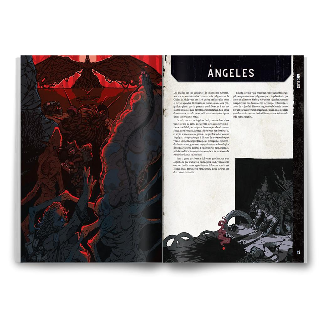Una página de libro abierta muestra ilustraciones oscuras a la izquierda y texto titulado ÁNGELES a la derecha.