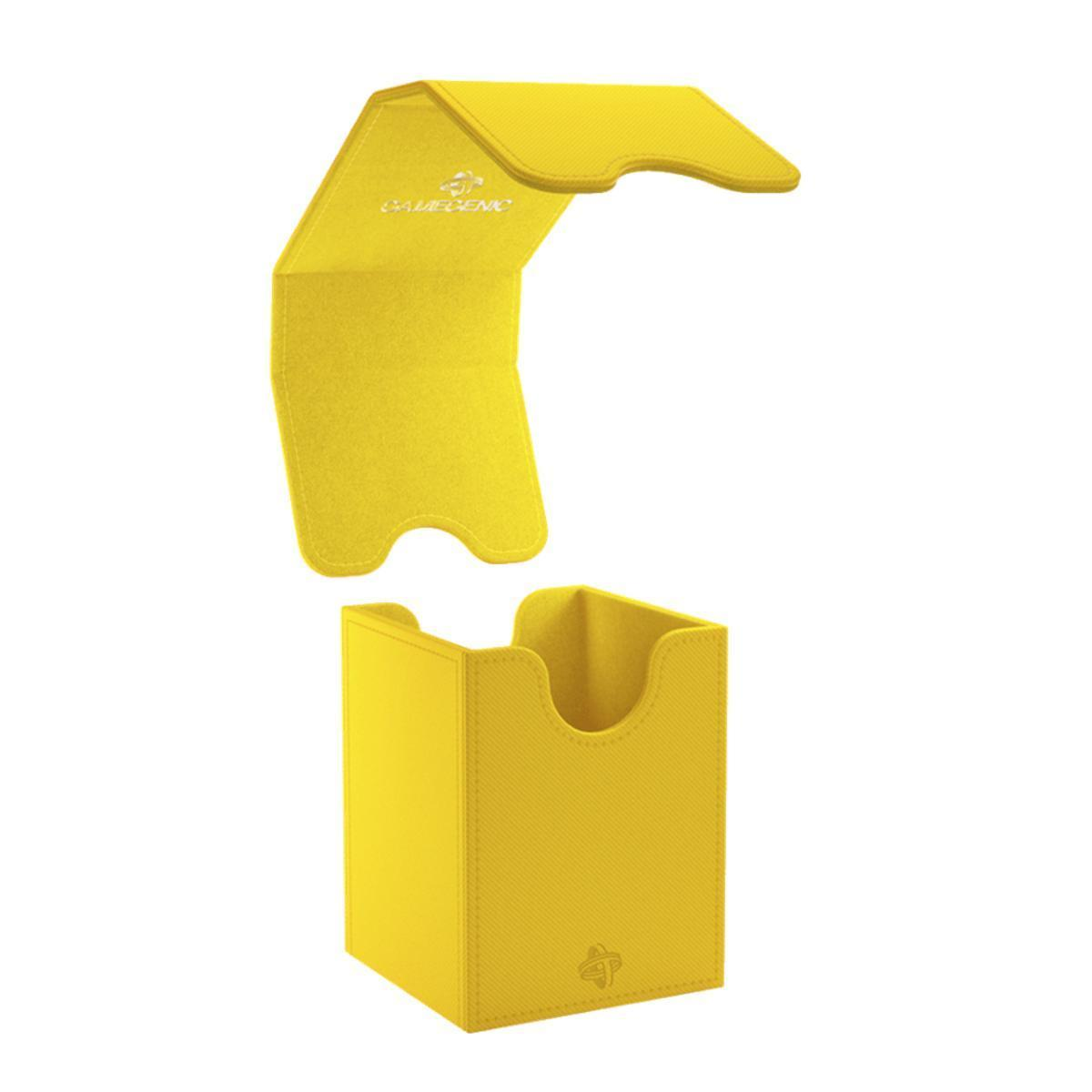 Una caja de baraja Gamegenic de color amarillo brillante con tapa magnética abierta sobre fondo blanco.