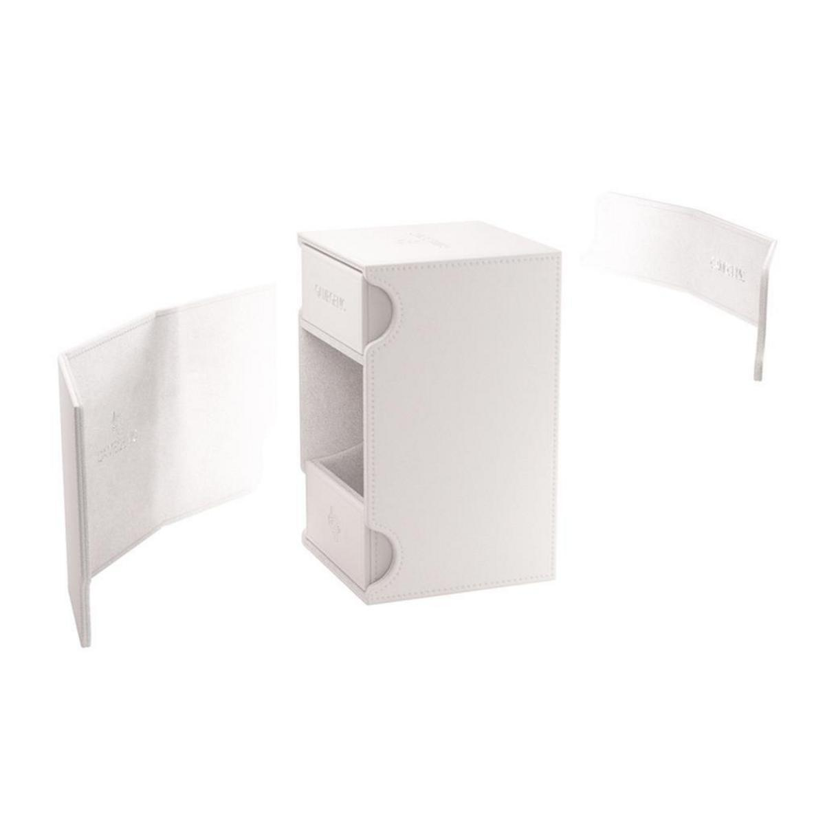 Una caja de almacenamiento blanca con dos cajones y solapas laterales desmontables sobre fondo blanco.