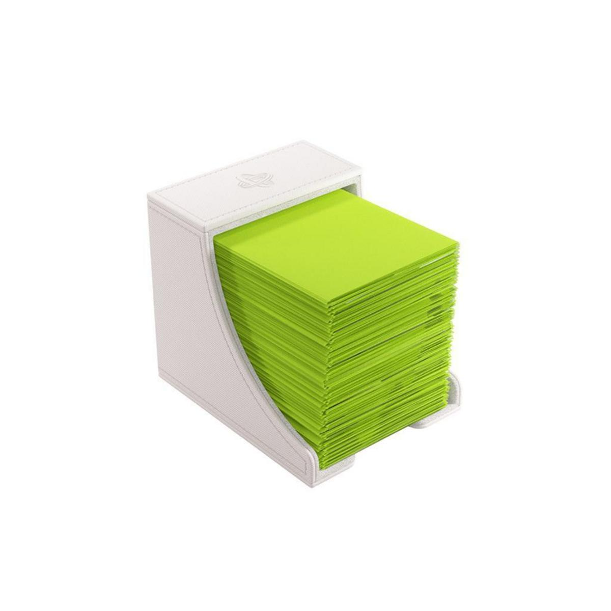 Un soporte para notas blanco lleno de notas adhesivas verde neón sobre fondo blanco.