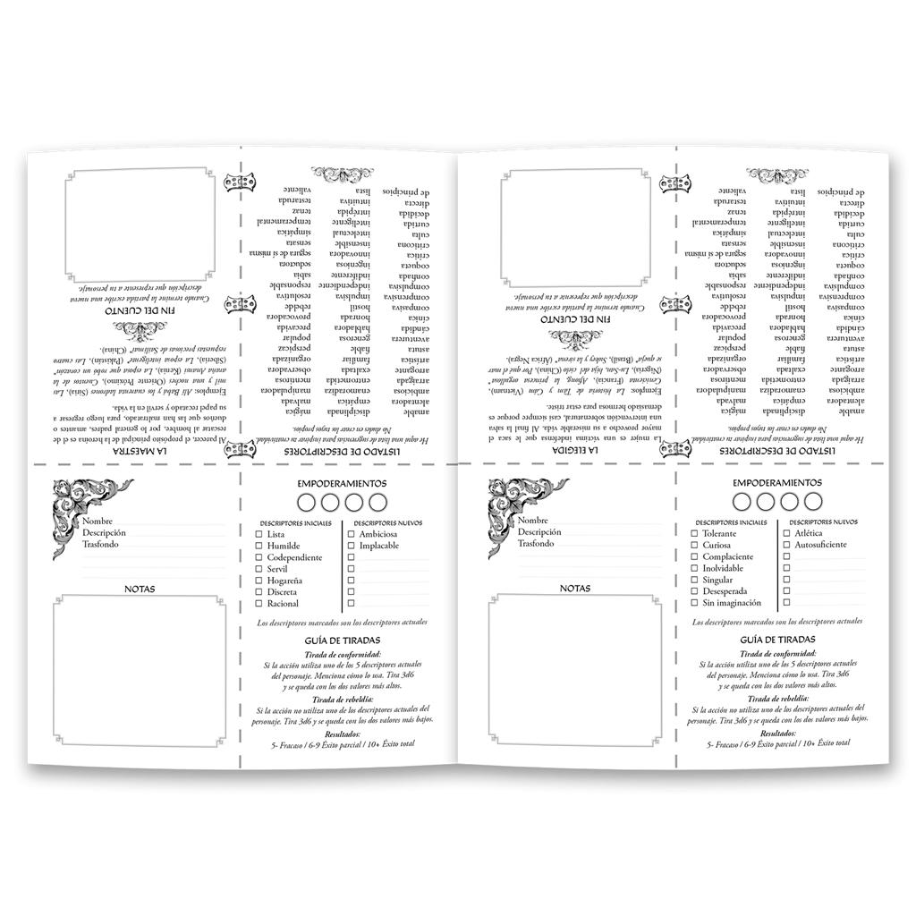 Dos páginas abiertas de un libro de reglas con listas de atributos y notas.