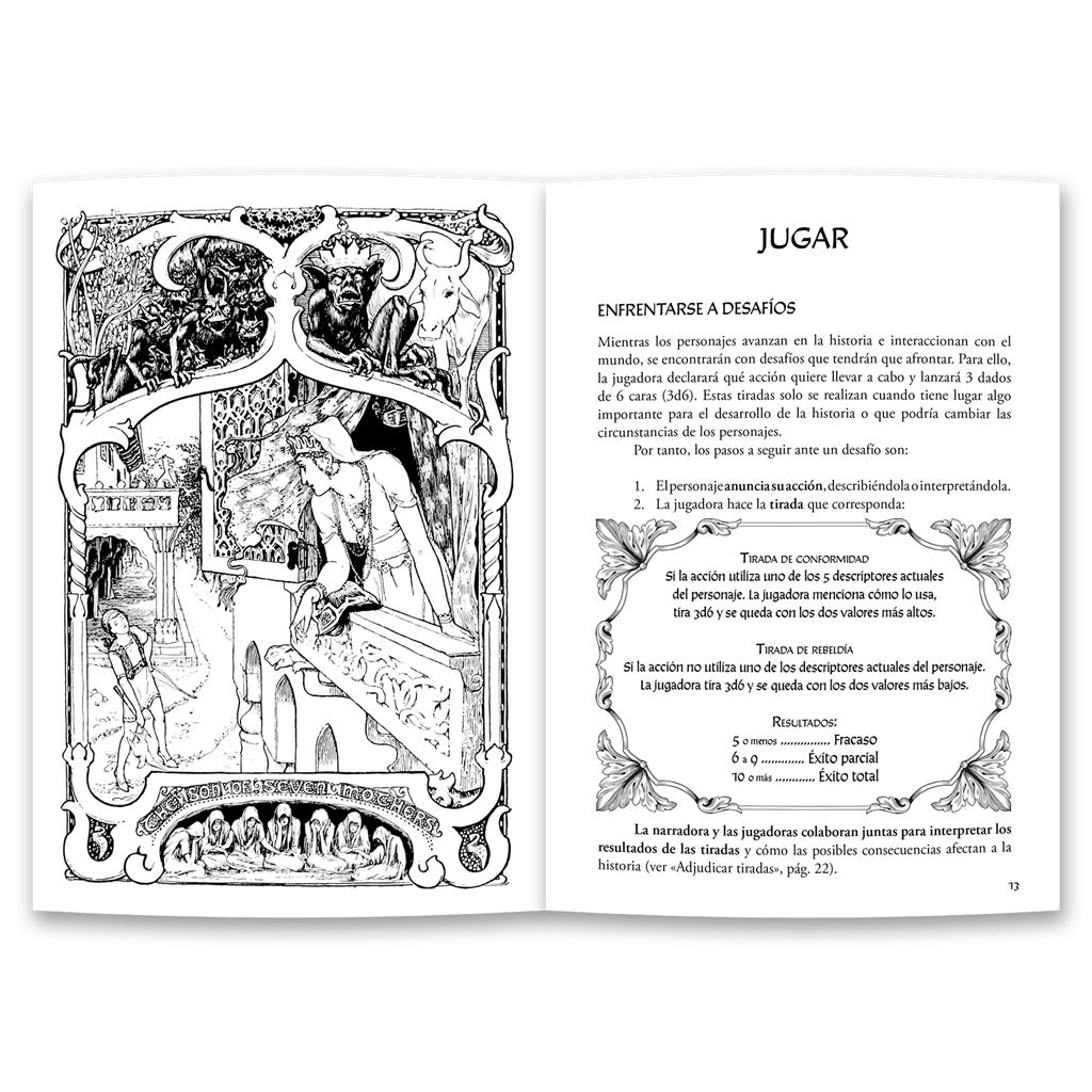 Una página de libro abierta con ilustraciones góticas a la izquierda y reglas del juego a la derecha.