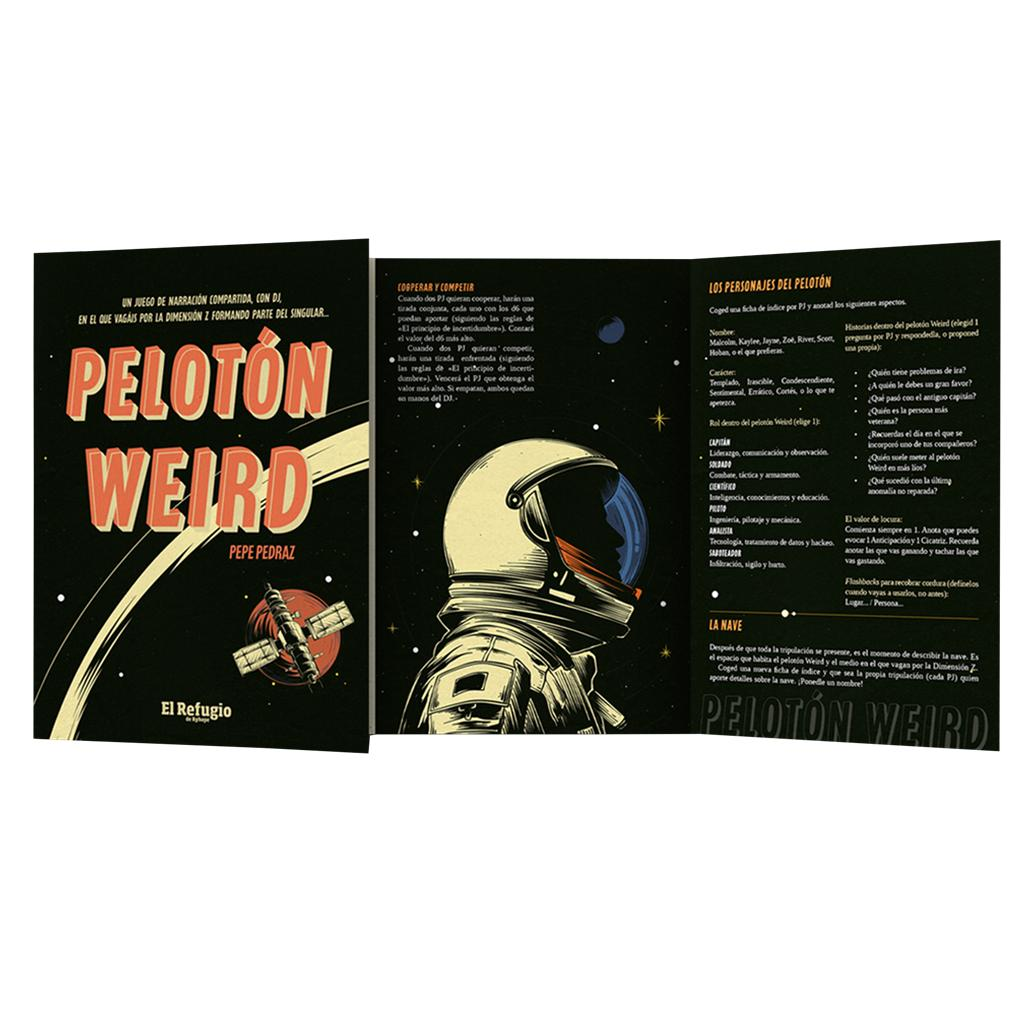 Un libro de reglas de rol abierto con ilustraciones de astronautas y texto.