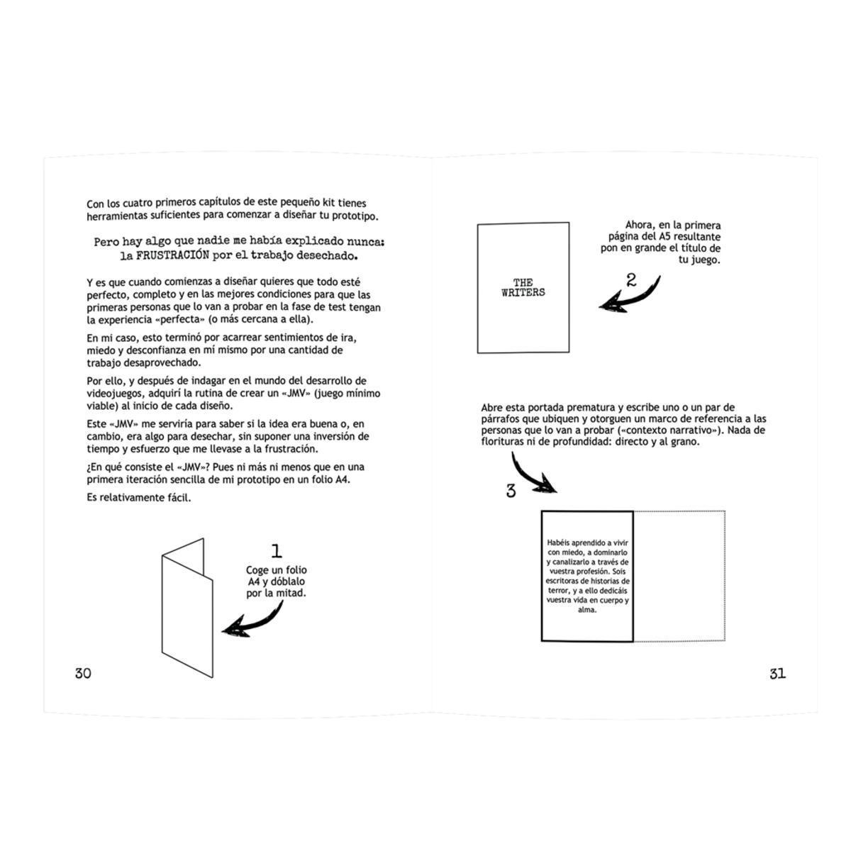 Una página de libro abierta con texto en español, diagramas e instrucciones numeradas para crear prototipos.