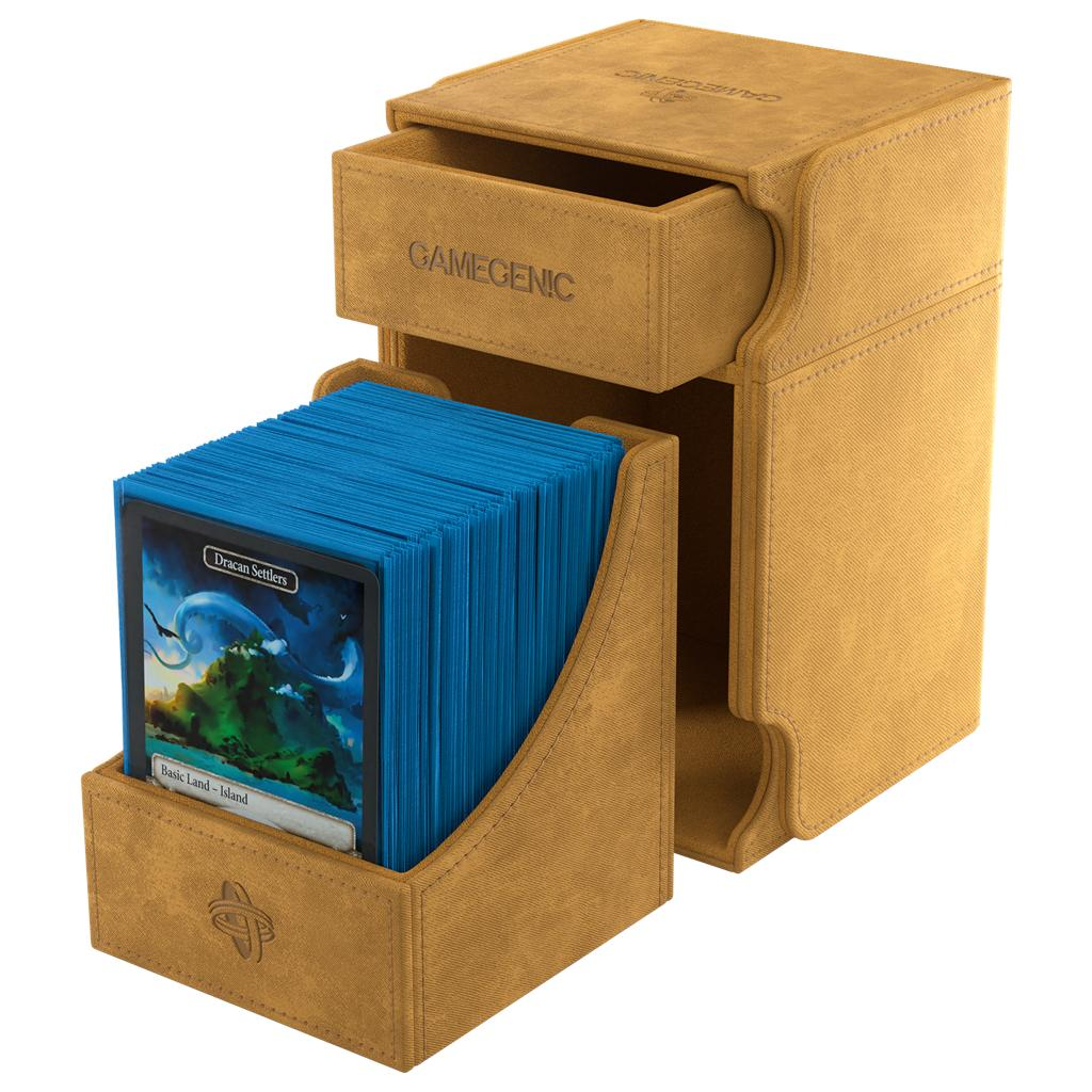 Caja de baraja Gamegenic dorada con un cajón abierto y mazo azul.