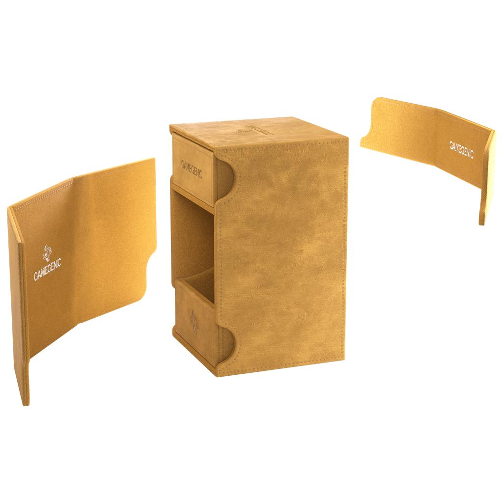 Caja de almacenamiento para mazos de cartas amarilla con solapas laterales separadas sobre fondo blanco.