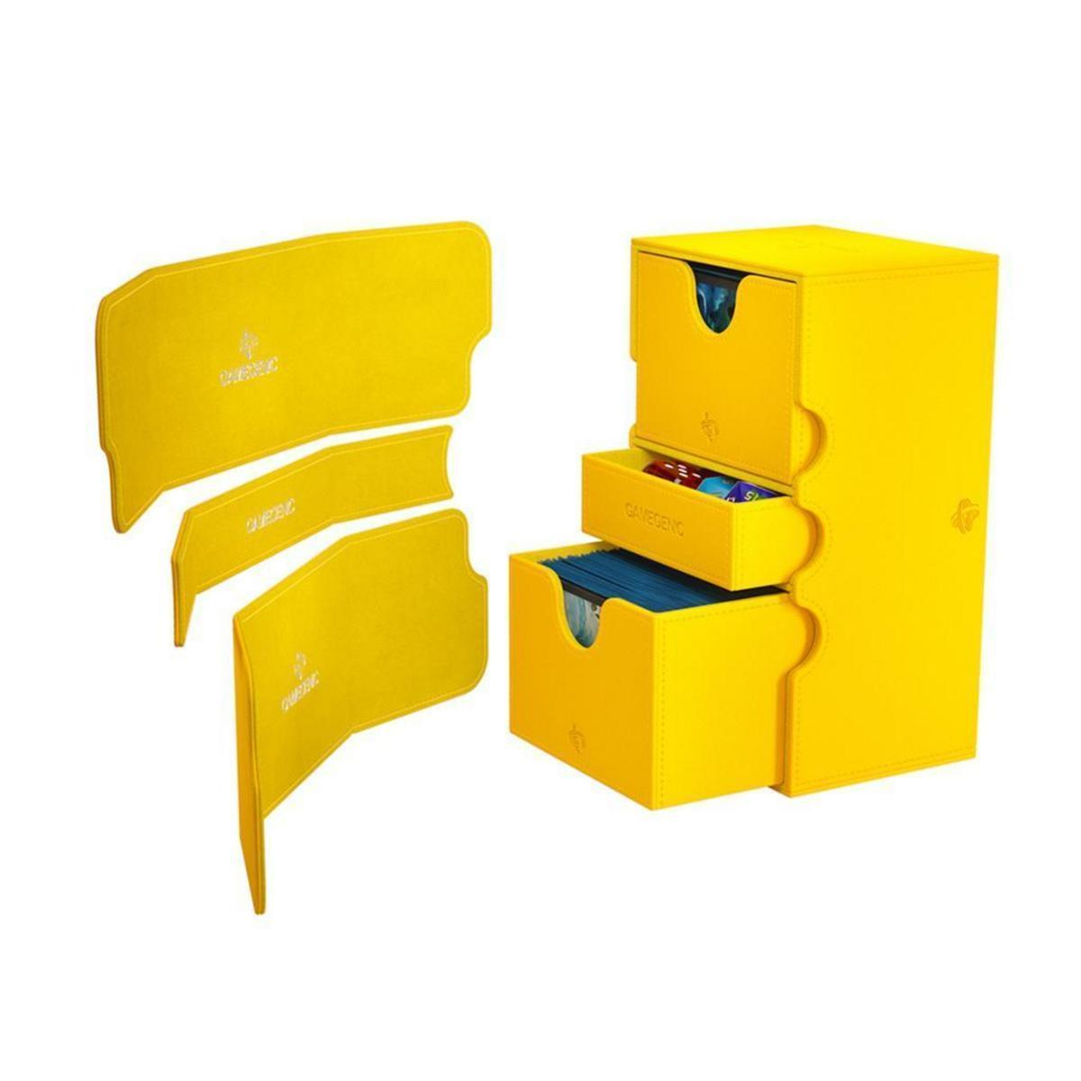 Una caja amarilla para guardar cartas coleccionables con tres cajones y tres piezas laterales planas sobre fondo blanco.