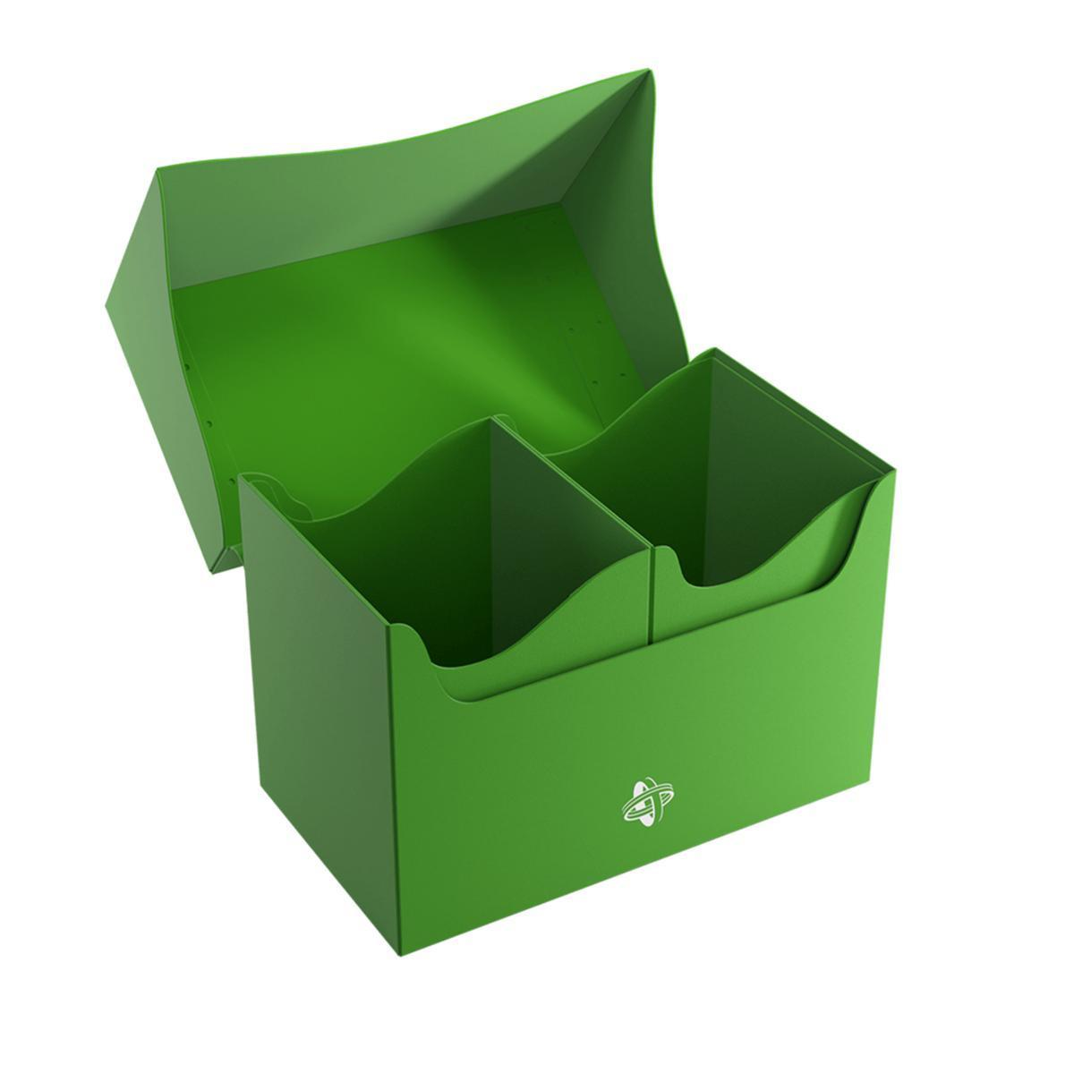 Una caja de mazo abierta verde con dos compartimentos sobre fondo blanco.
