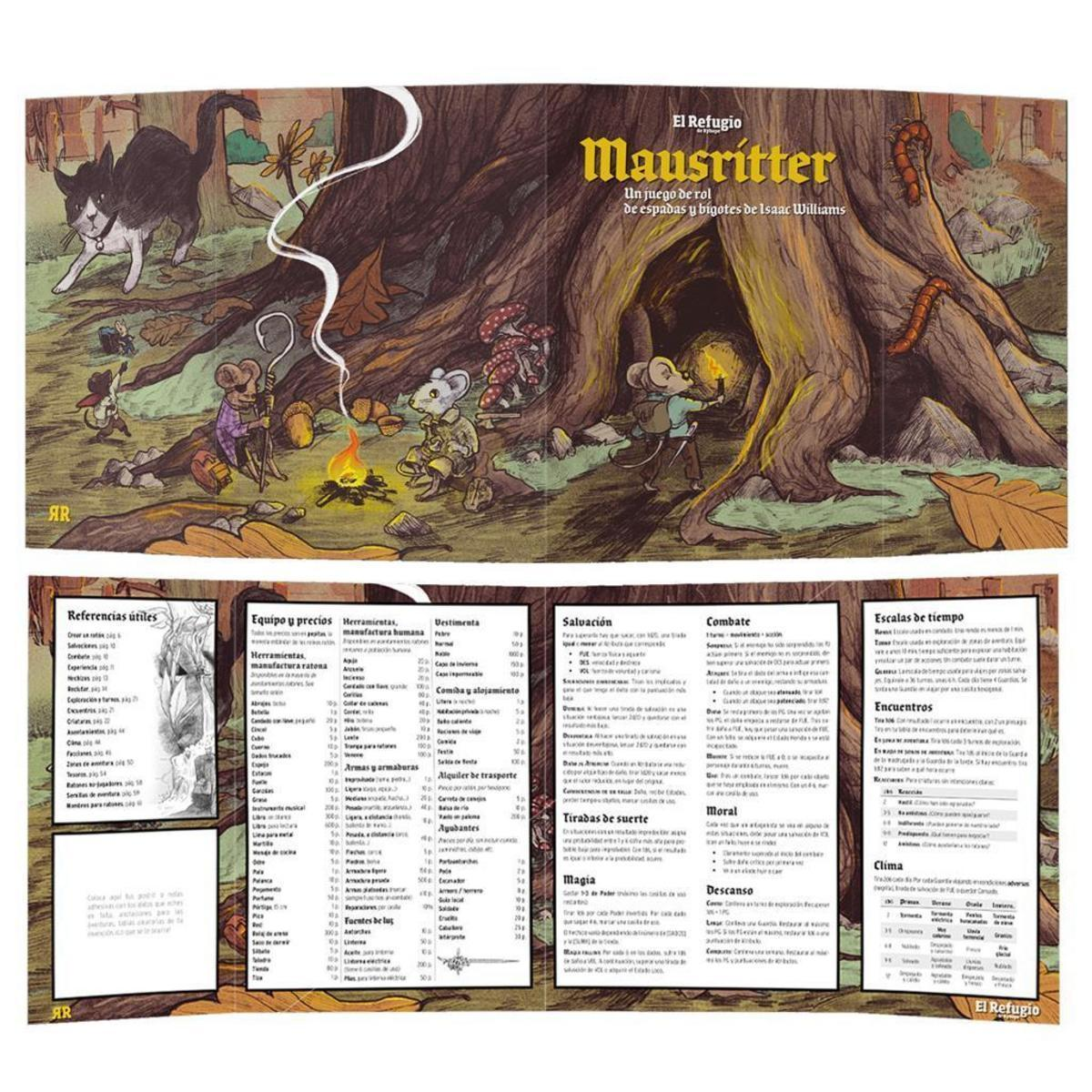Manual del juego de rol Mausritter con ilustraciones de ratones y texto.