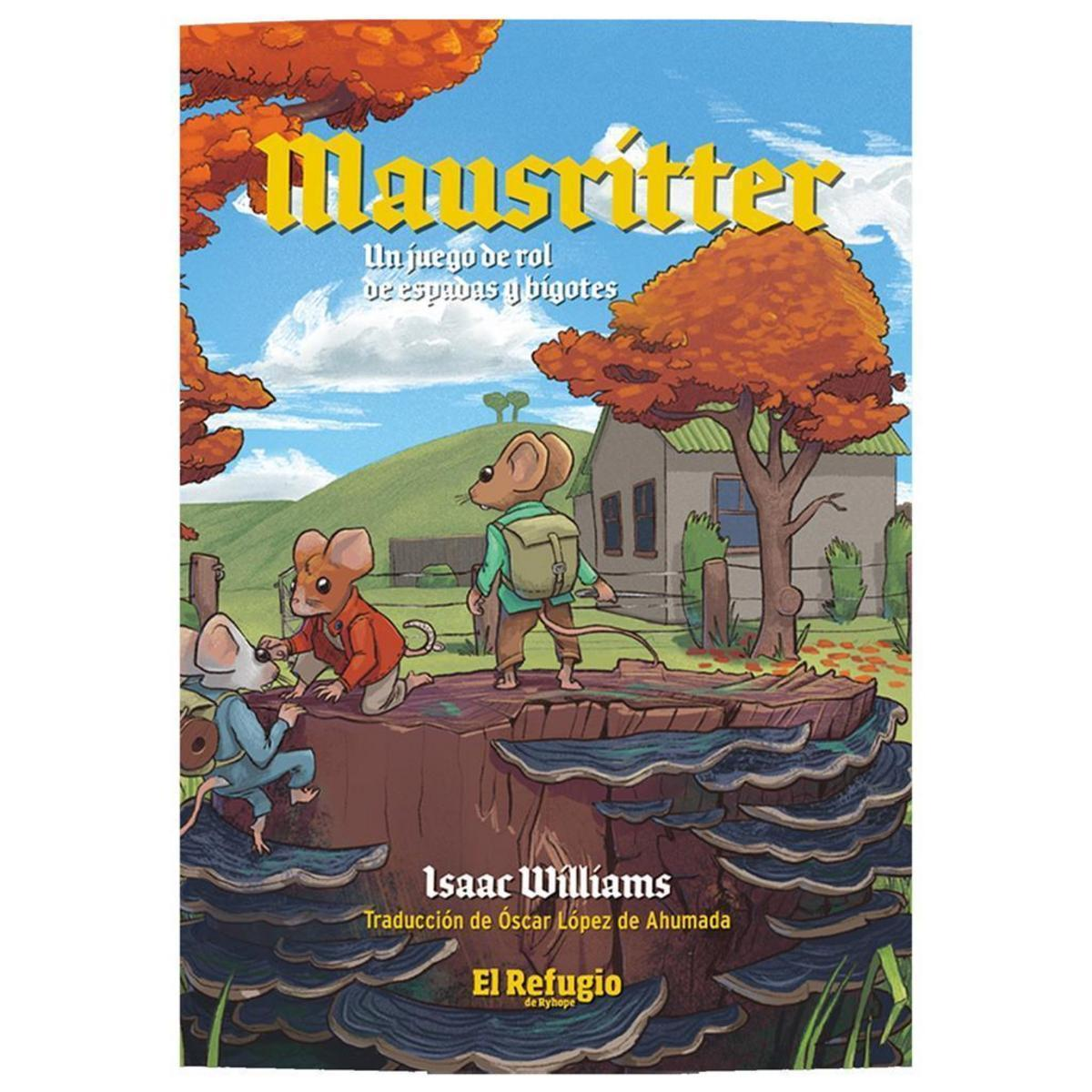 Portada de libro de fantasía con ratones sobre un gran tocón cubierto de hongos en un paisaje colorido.