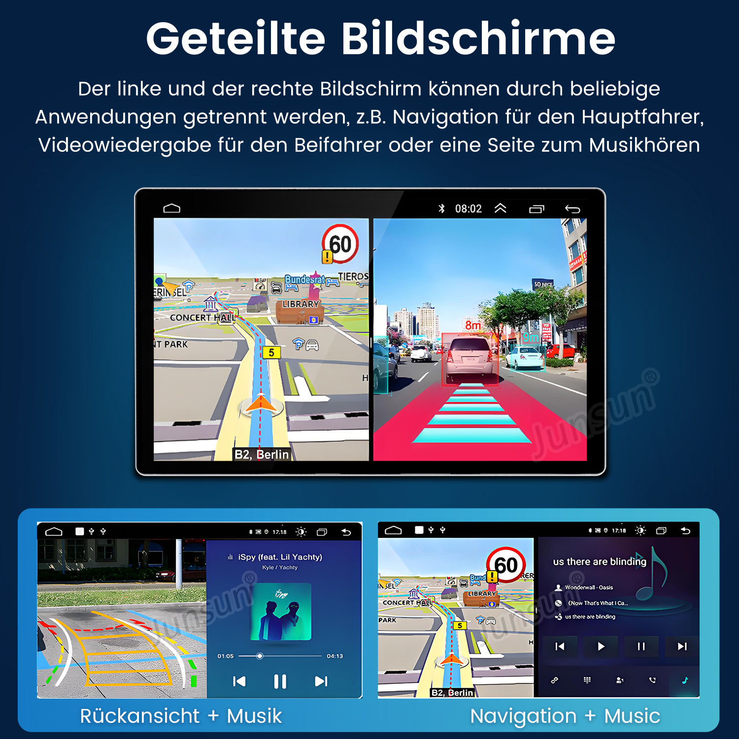 Geteilter Bildschirm im Auto mit Navigation, Kamera und Musik-Apps auf einem Display.