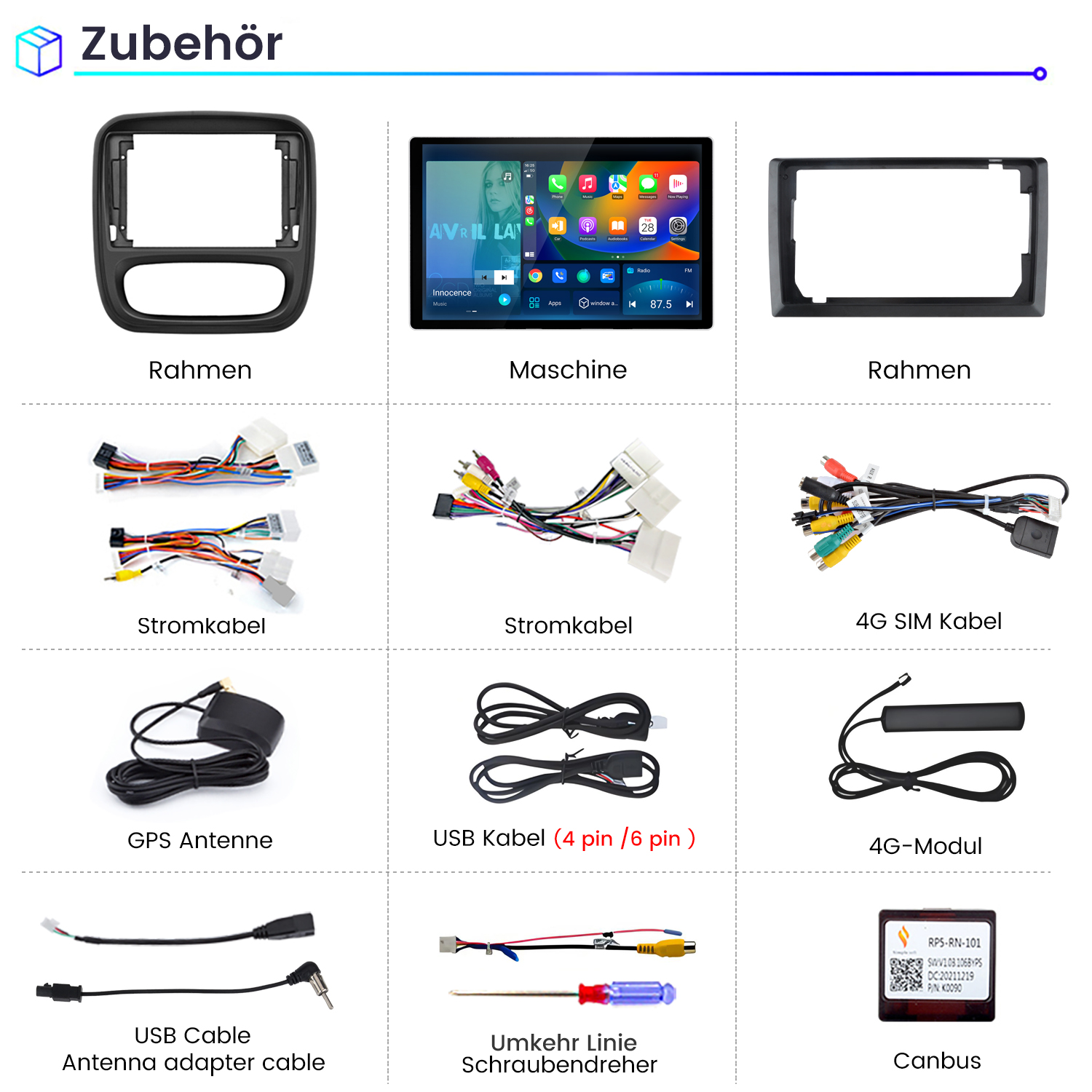 Übersicht von Autozubehörteilen inklusive Display, Rahmen, Kabeln und Antennen.