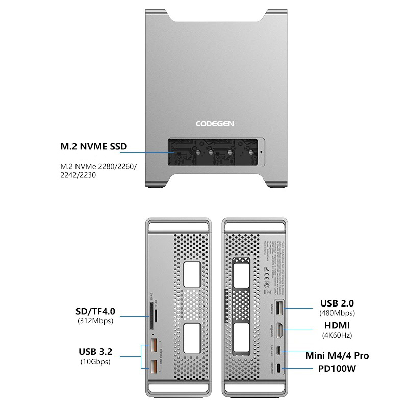 CODEGEN Mac Mini M4/M4 Pro 9'u 1 Arada Type-C HDMI NVME SSD Stand Docking Station CDG-NSC301
