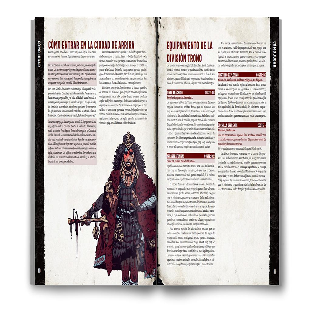 Doble página de un manual de rol con texto en español y la ilustración de un guerrero en el centro.