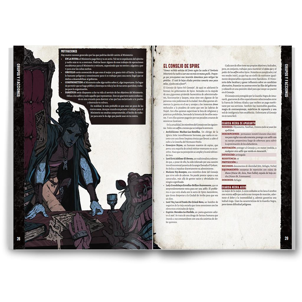 Un libro de rol de fantasía abierto con una ilustración de una figura con capucha a la izquierda y texto en español.