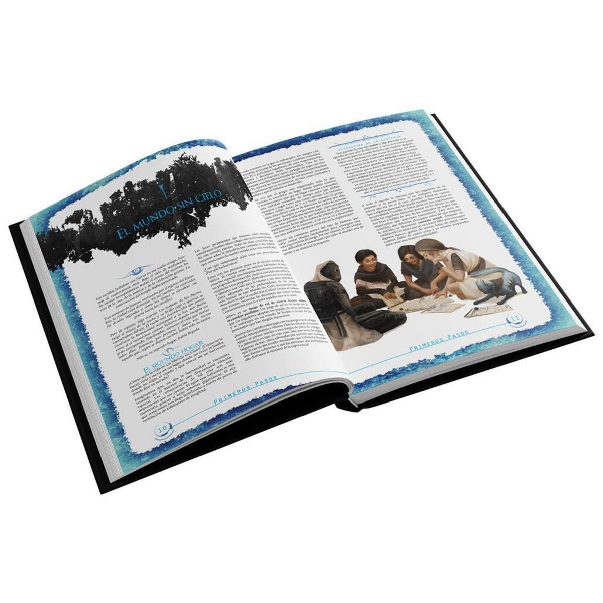 Un libro abierto con texto en español, imágenes e ilustraciones en dos páginas.