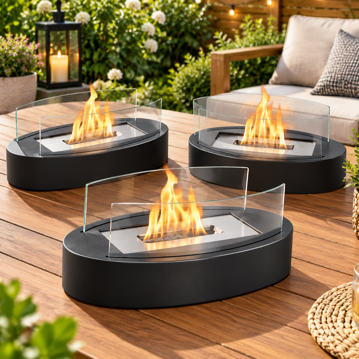 Drei ovale, schwarze Tischkamine mit flackernden Flammen und Glasschirmen stehen auf einem Holztisch im Garten.