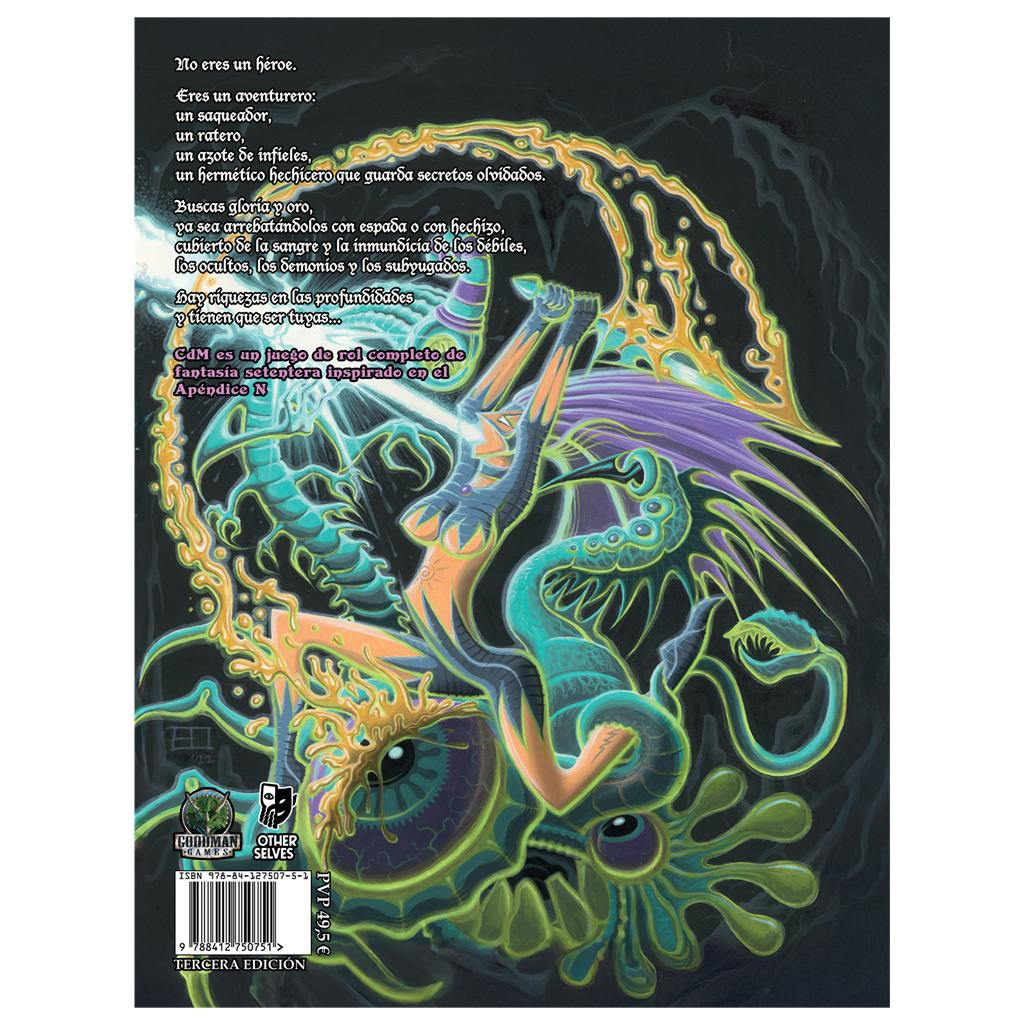 Portada de libro de fantasía oscura con criaturas fantásticas, magia y texto en español.