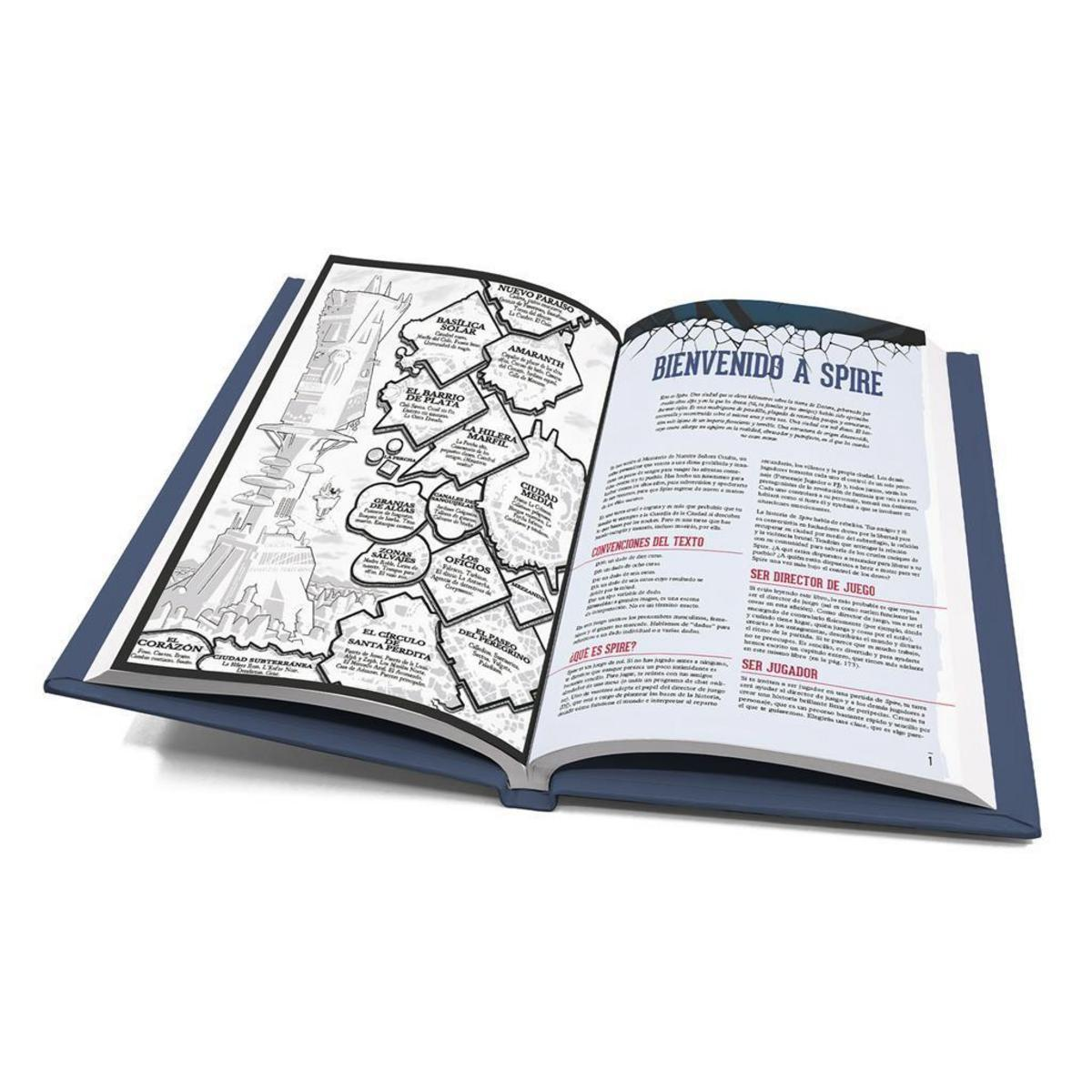 Un libro abierto con un mapa detallado en blanco y negro a la izquierda y texto a la derecha.