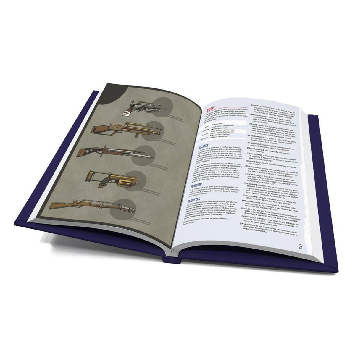 Un libro abierto muestra ilustraciones de rifles en la página izquierda y texto en la derecha.