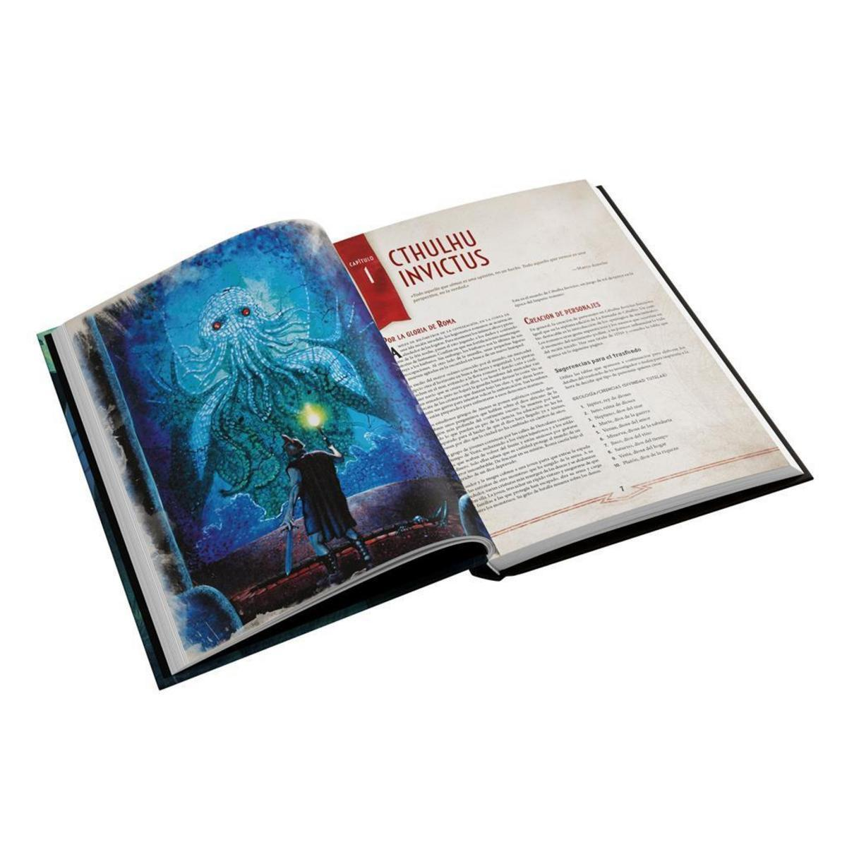 Un libro de rol abierto de Cthulhu Invictus con ilustración.