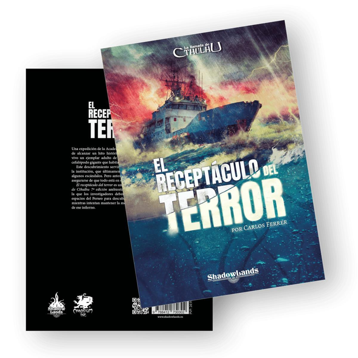 Una portada de libro titulada El Receptáculo del Terror muestra un barco en mar tempestuoso.