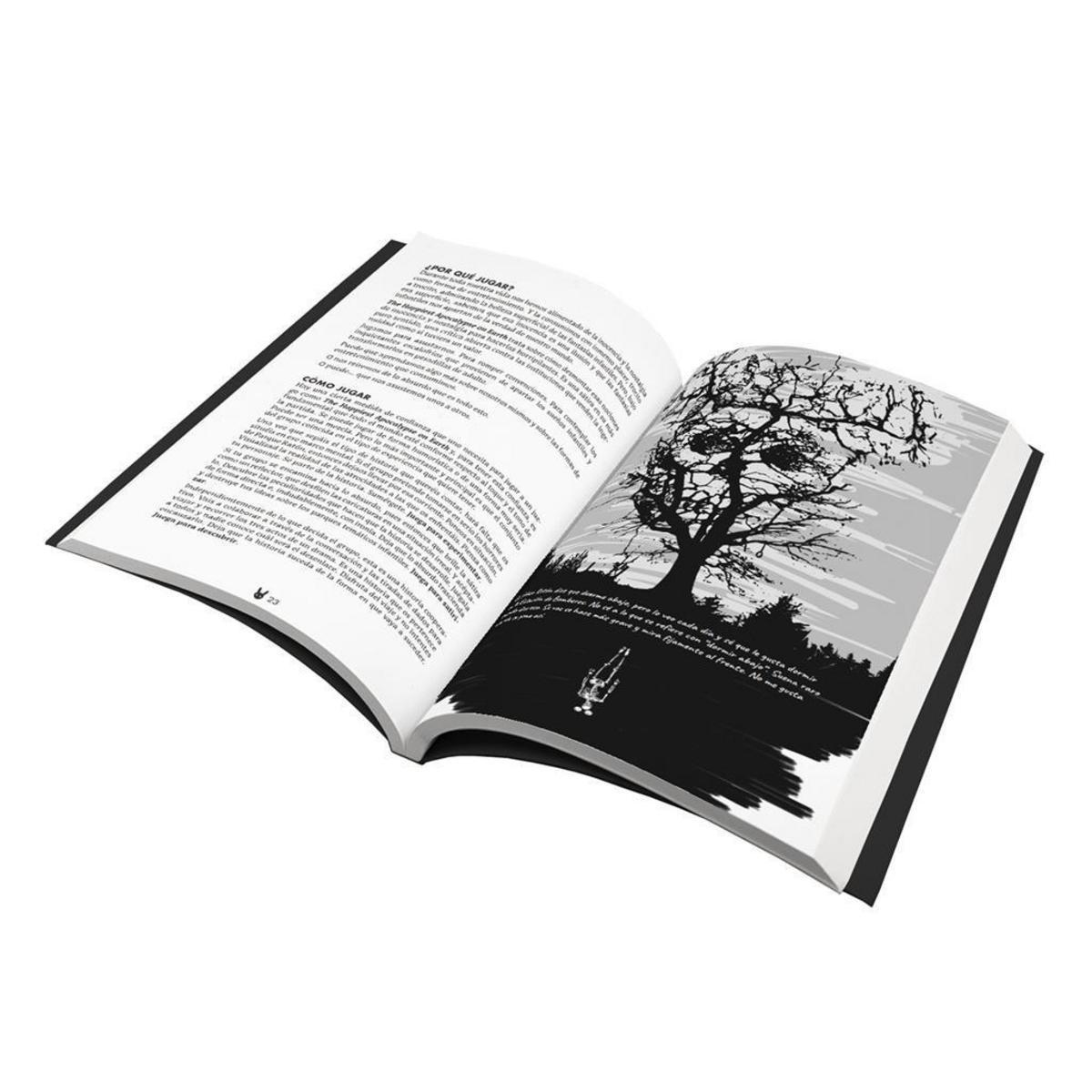 Un libro abierto con texto en español muestra columnas a la izquierda y una ilustración a página completa de un árbol desnudo.