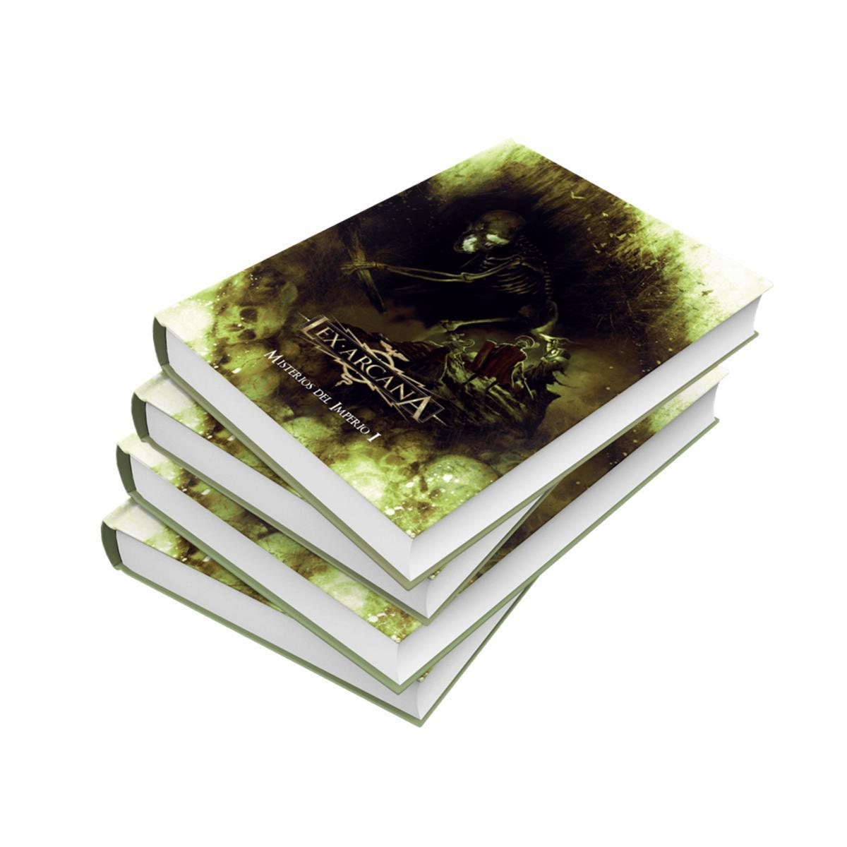 Una pila de cuatro libros de fantasía idénticos con arte de portada verde oscuro y un esqueleto.