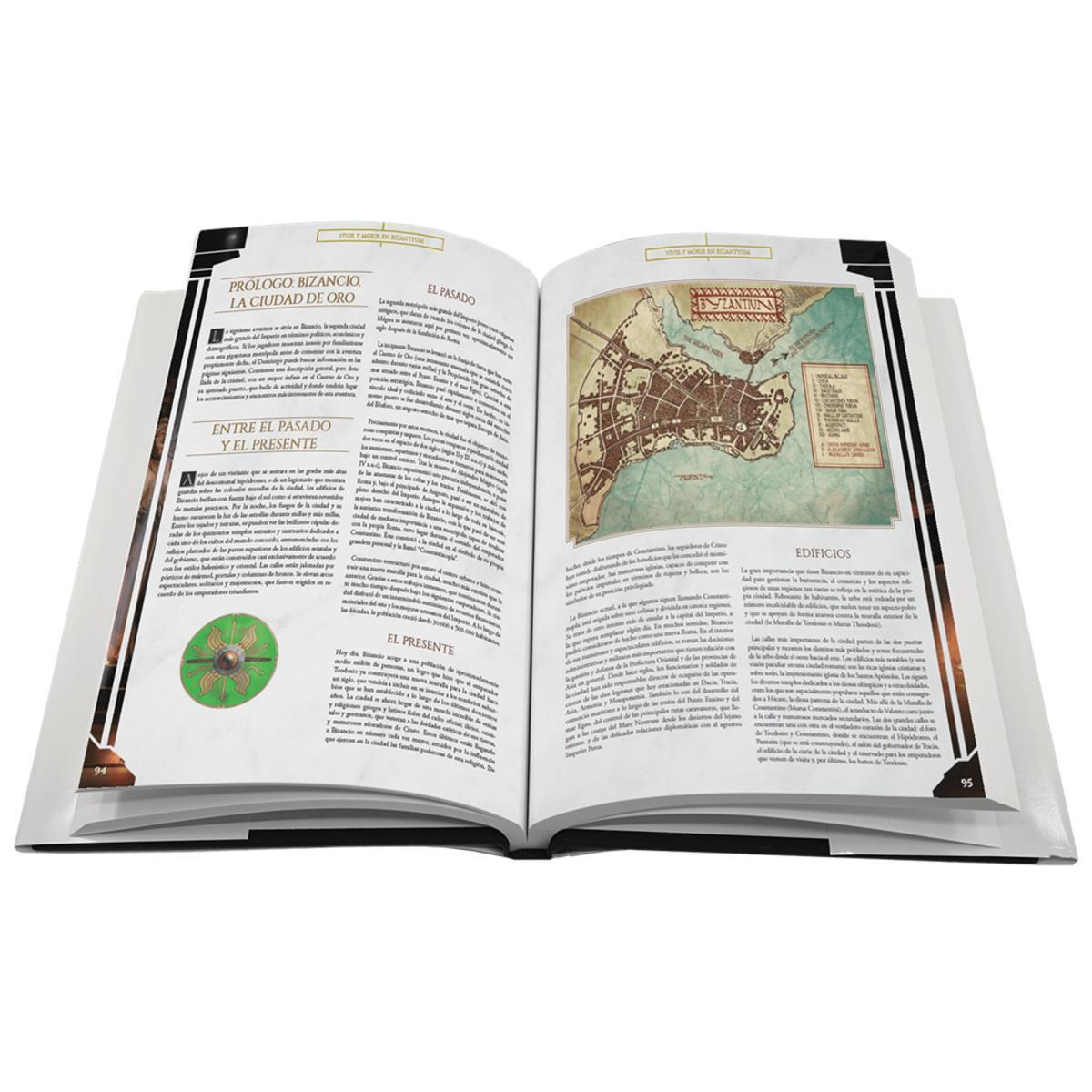 Un libro abierto en español sobre Bizancio, con texto histórico, mapas e ilustraciones en páginas blancas.