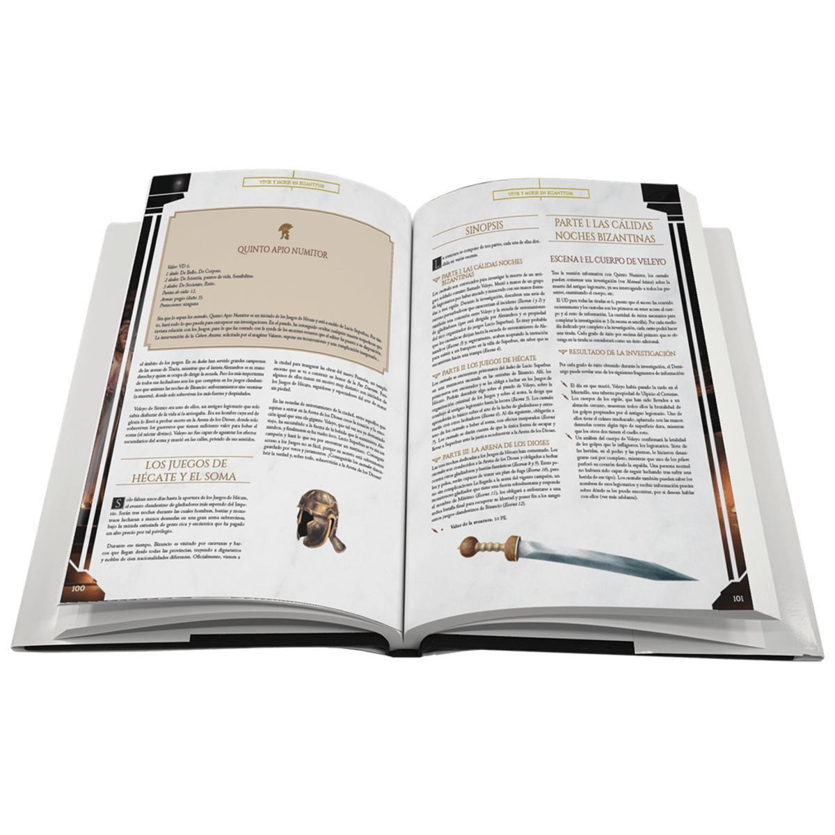 Libro abierto con texto en español, ilustraciones de casco y daga.