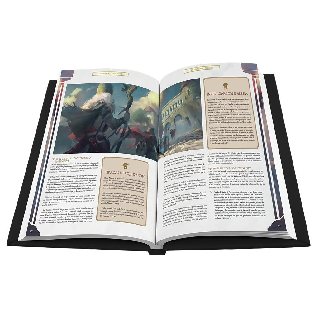 Un libro abierto en español con texto e ilustración en la página izquierda detalla reglas de juegos de rol históricos.