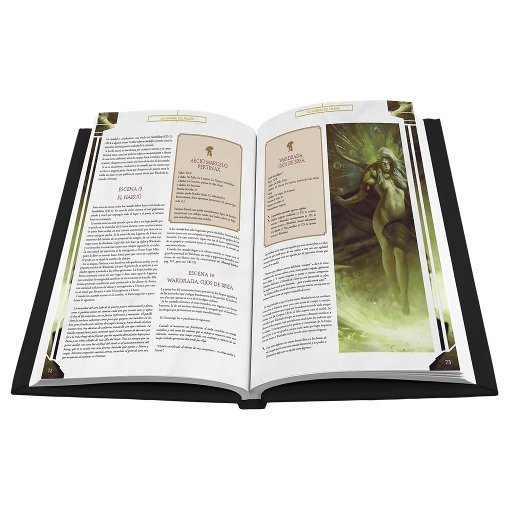 Un libro de rol abierto con texto en español e ilustraciones.