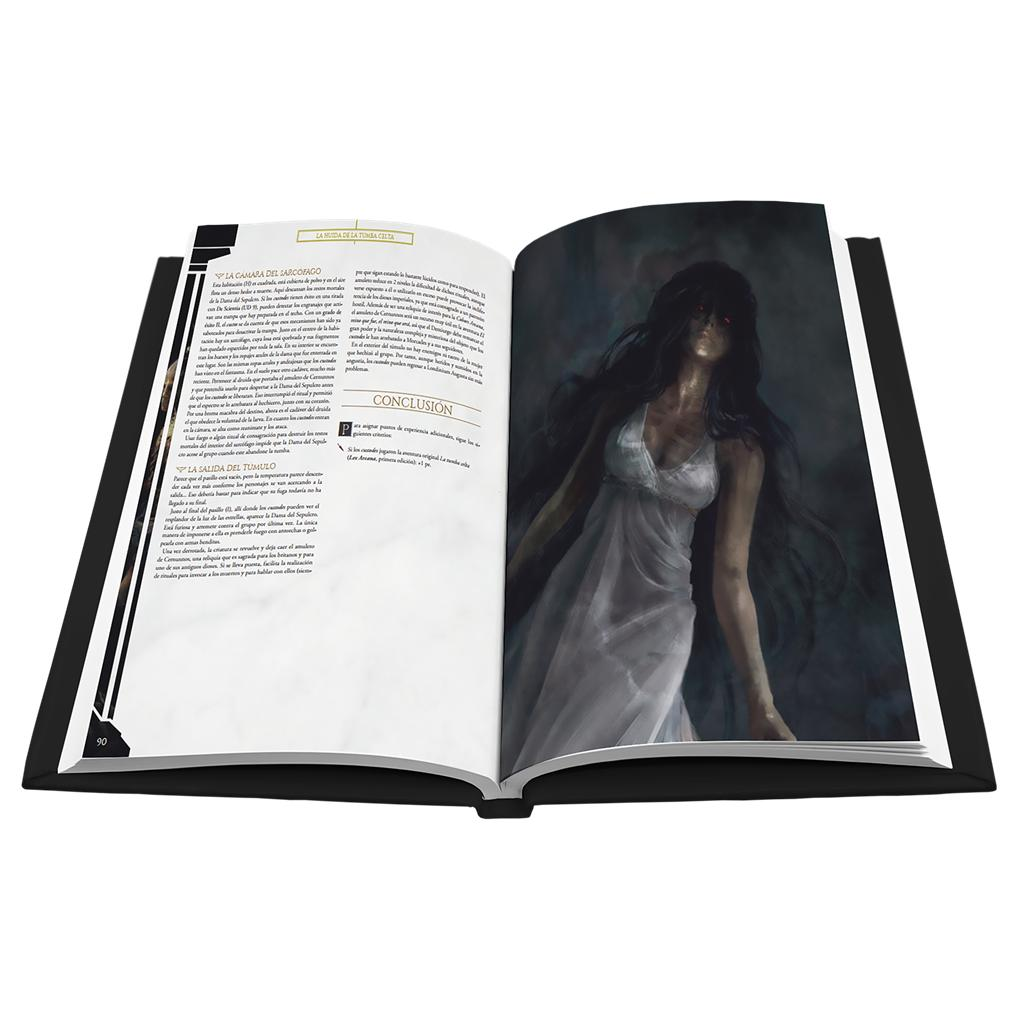 Un libro abierto muestra texto en español a la izquierda y una ilustración oscura de una mujer con vestido blanco a la derecha.