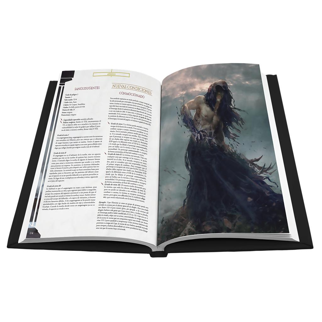 Un libro abierto muestra texto en español a la izquierda y una oscura ilustración de fantasía con capucha a la derecha.