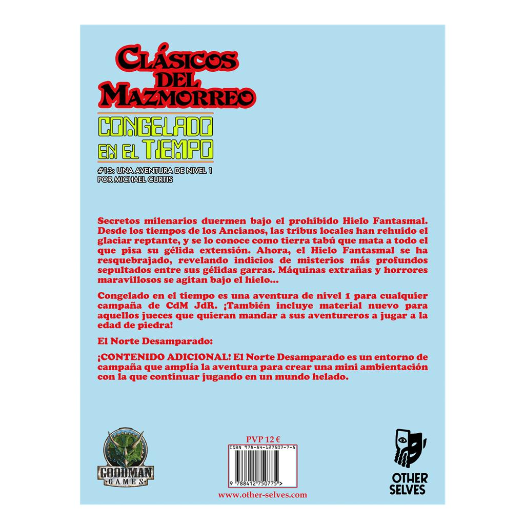 Contraportada de un libro de rol azul con títulos en rojo y amarillo y texto en español.
