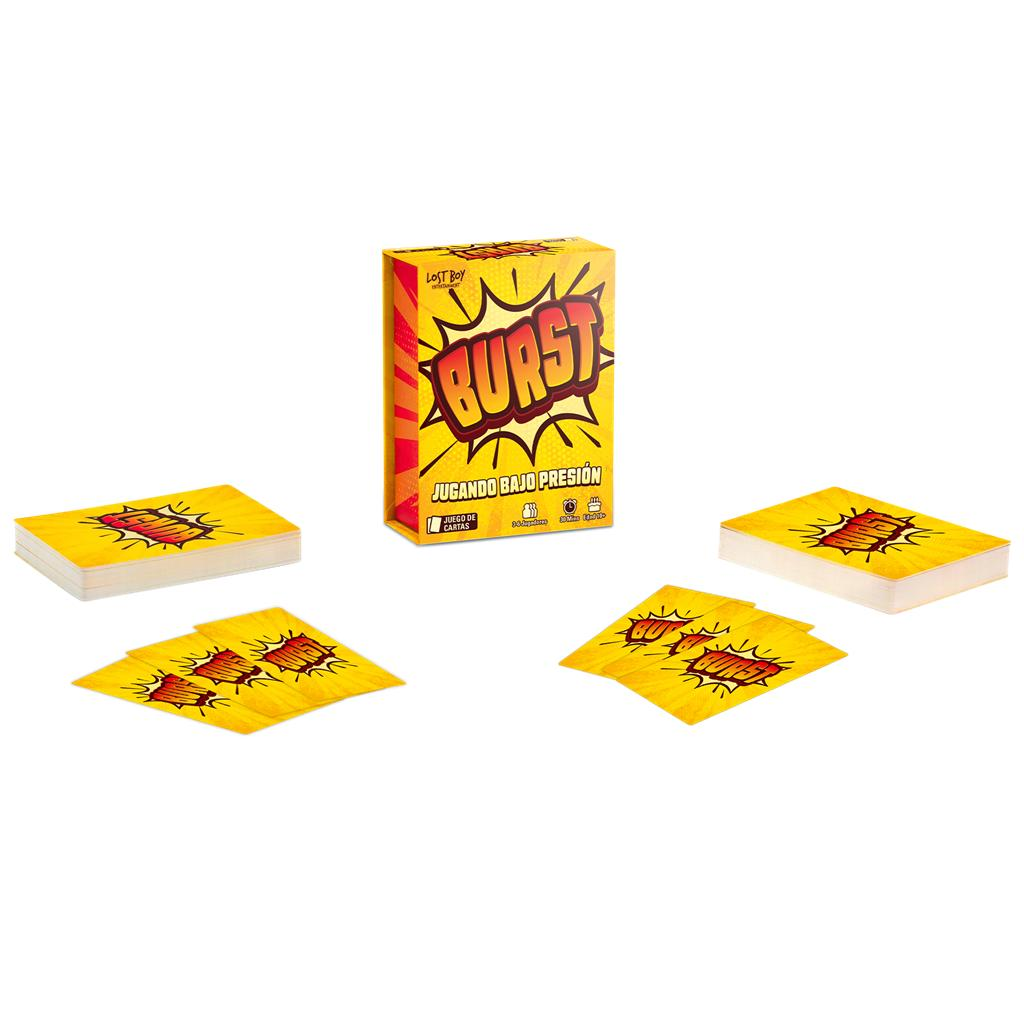 Un juego de cartas llamado Burst con caja amarilla y cartas desplegadas sobre fondo blanco.