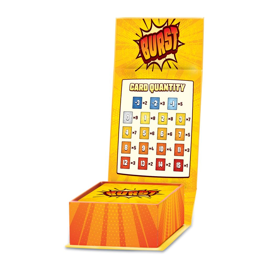 Una caja de juego Burst amarilla con tabla vertical de cantidad y cartas dentro.