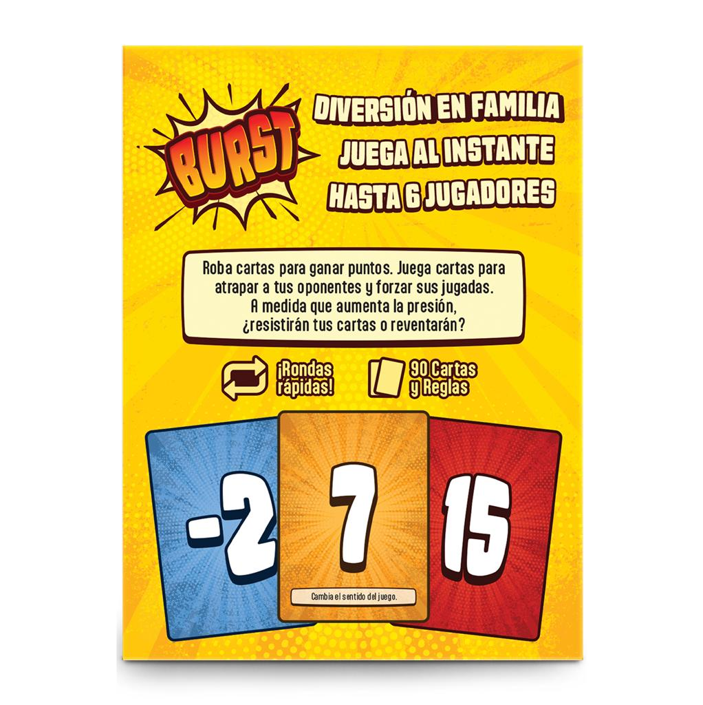 Portada de juego de mesa amarillo con logo Burst, texto en español y tres cartas con números -2, 7 y 15.