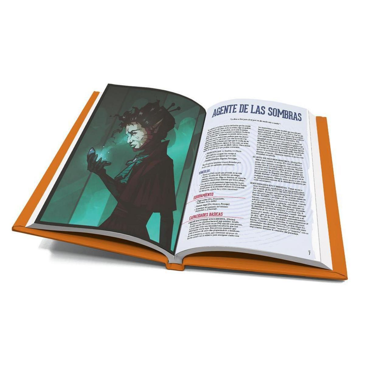 Un libro abierto muestra la ilustración de un personaje en la página izquierda y texto en español en la derecha.